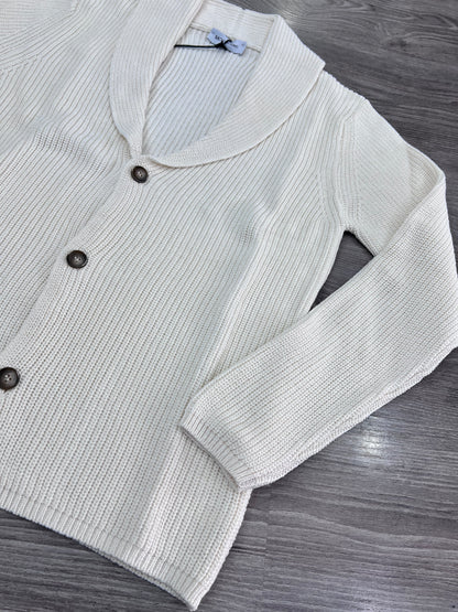 Cardigan a coste panna vista laterale - vestibilità perfetta lana cotone