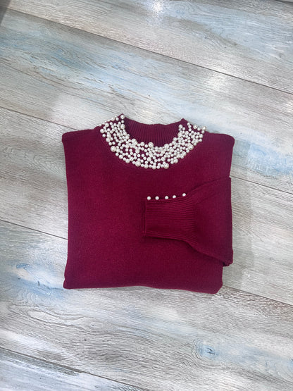 Maglione mezzo collo perle donna - variante colore bordeaux