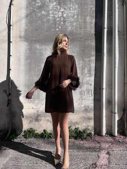 "Abito cerimonia donna velato maniche piume cioccolato taglia unica"