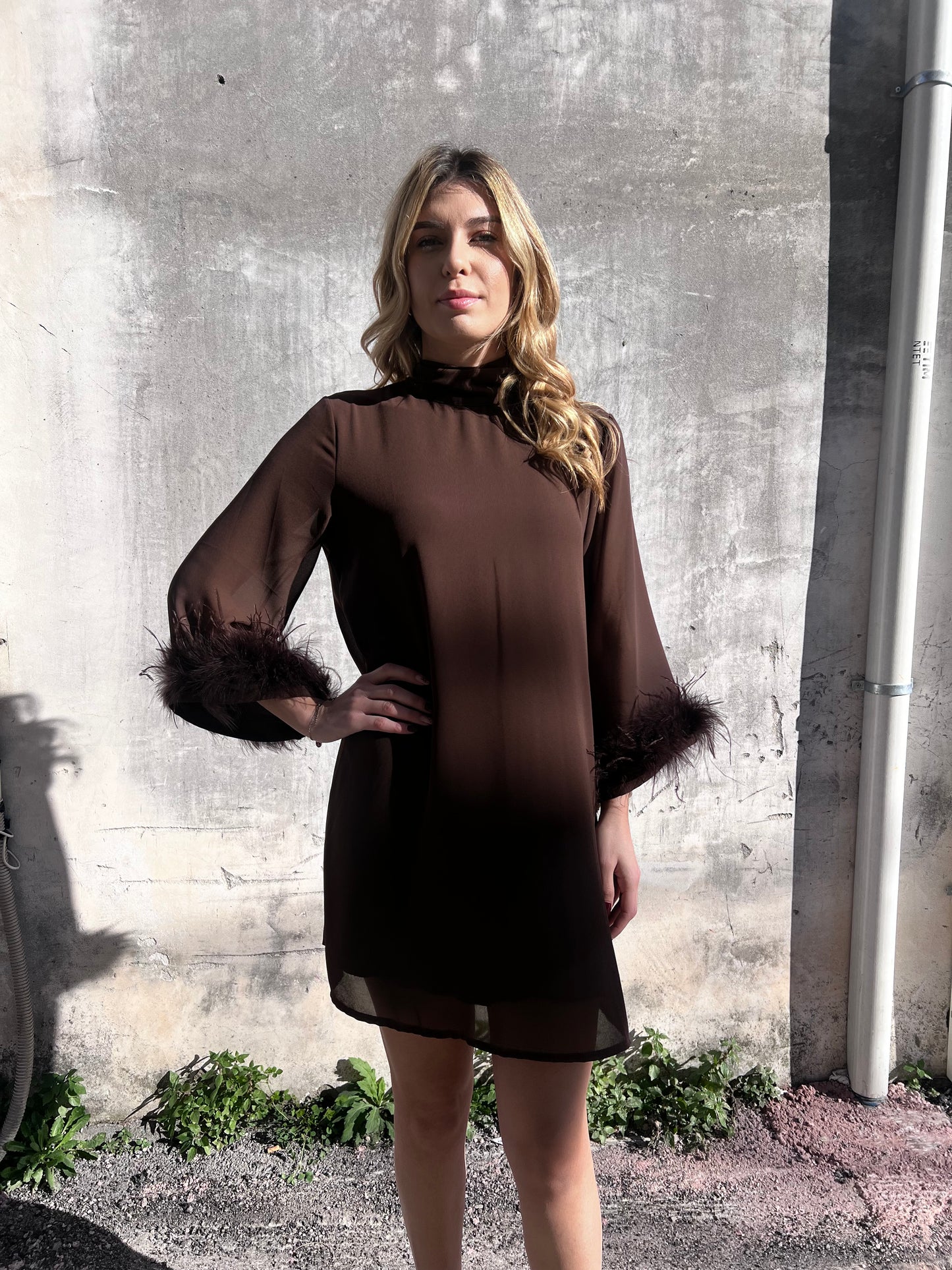 "Tessuto velato peso camicia con finitura piume abito elegante"