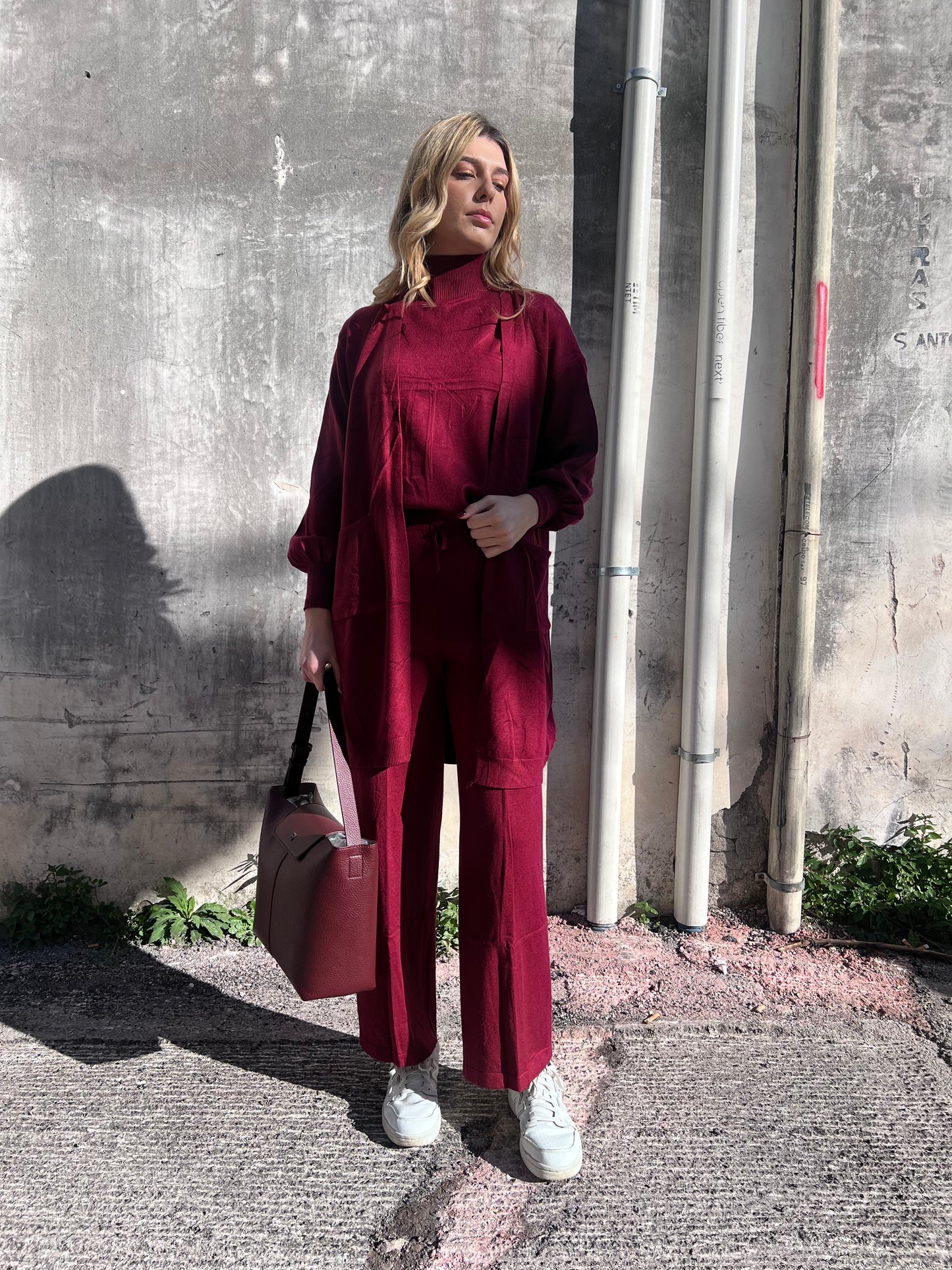 Coordinato Donna 3 Pezzi Lanetta Rasata - Top Lupetto, Cardigan e Pantalone Palazzo