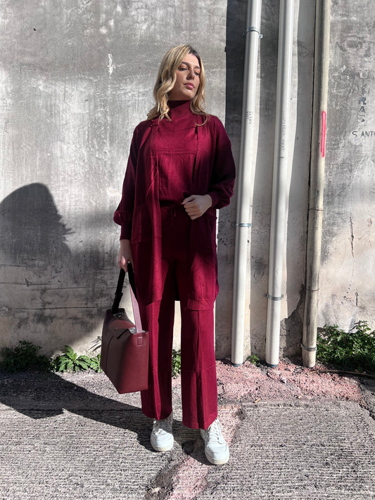 Coordinato Donna 3 Pezzi Lanetta Rasata - Top Lupetto, Cardigan e Pantalone Palazzo