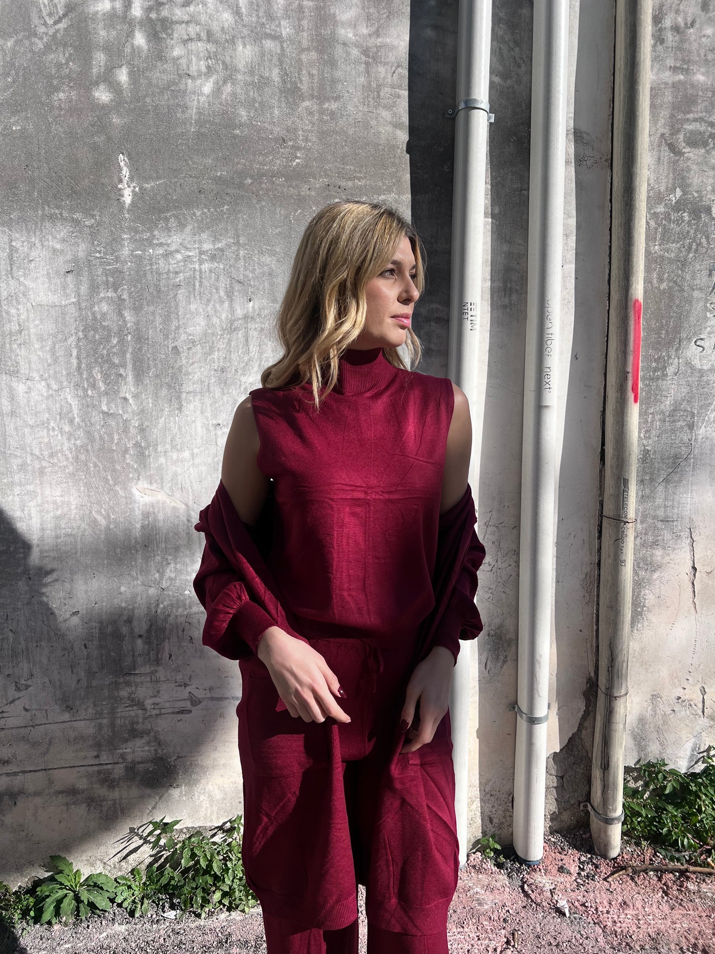 Coordinato Donna 3 Pezzi Lanetta Rasata - Top Lupetto, Cardigan e Pantalone Palazzo