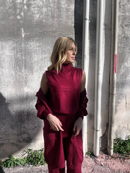 Coordinato Donna 3 Pezzi Lanetta Rasata - Top Lupetto, Cardigan e Pantalone Palazzo