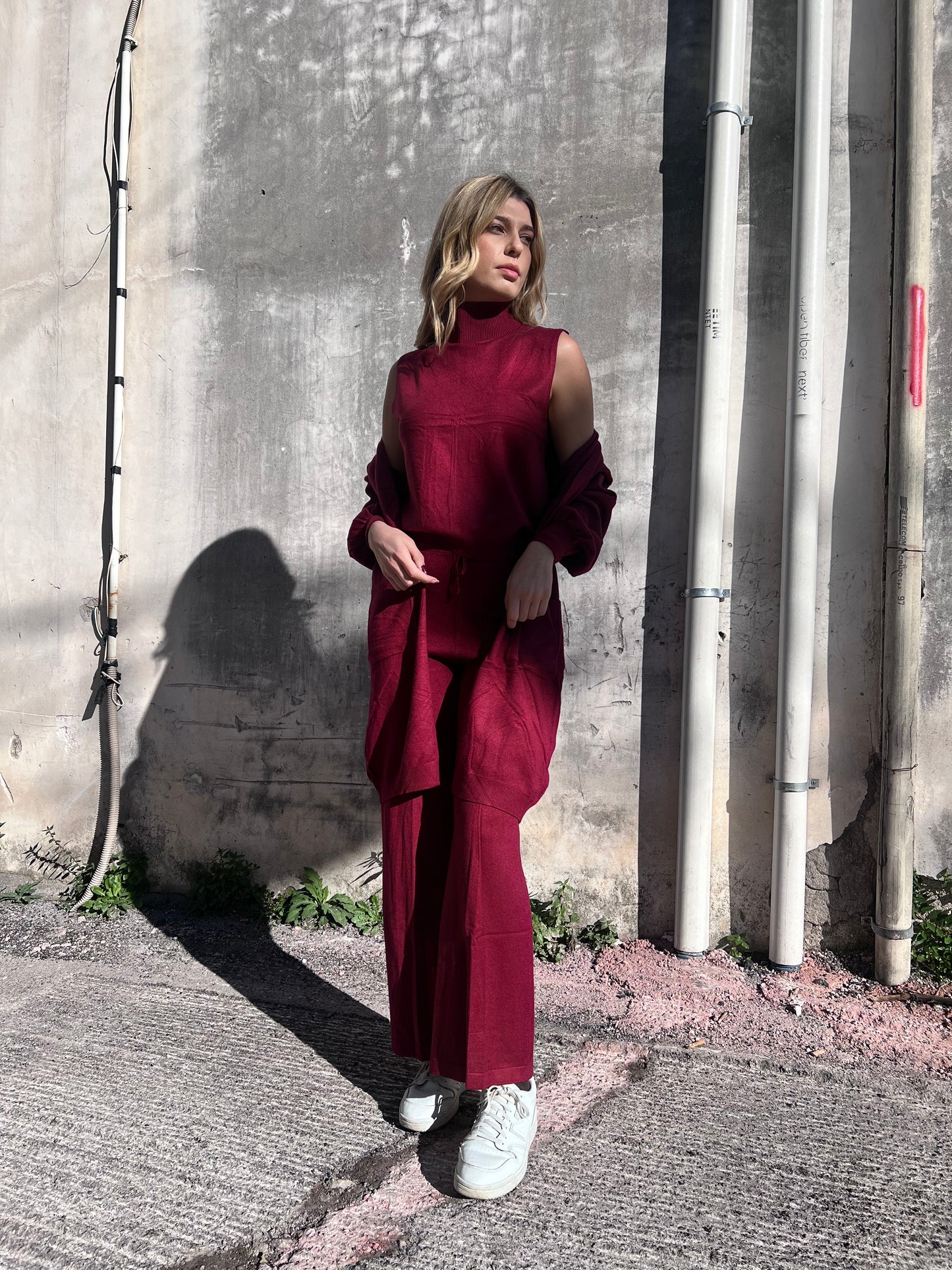 Coordinato Donna 3 Pezzi Lanetta Rasata - Top Lupetto, Cardigan e Pantalone Palazzo