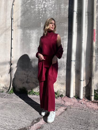 Coordinato Donna 3 Pezzi Lanetta Rasata - Top Lupetto, Cardigan e Pantalone Palazzo