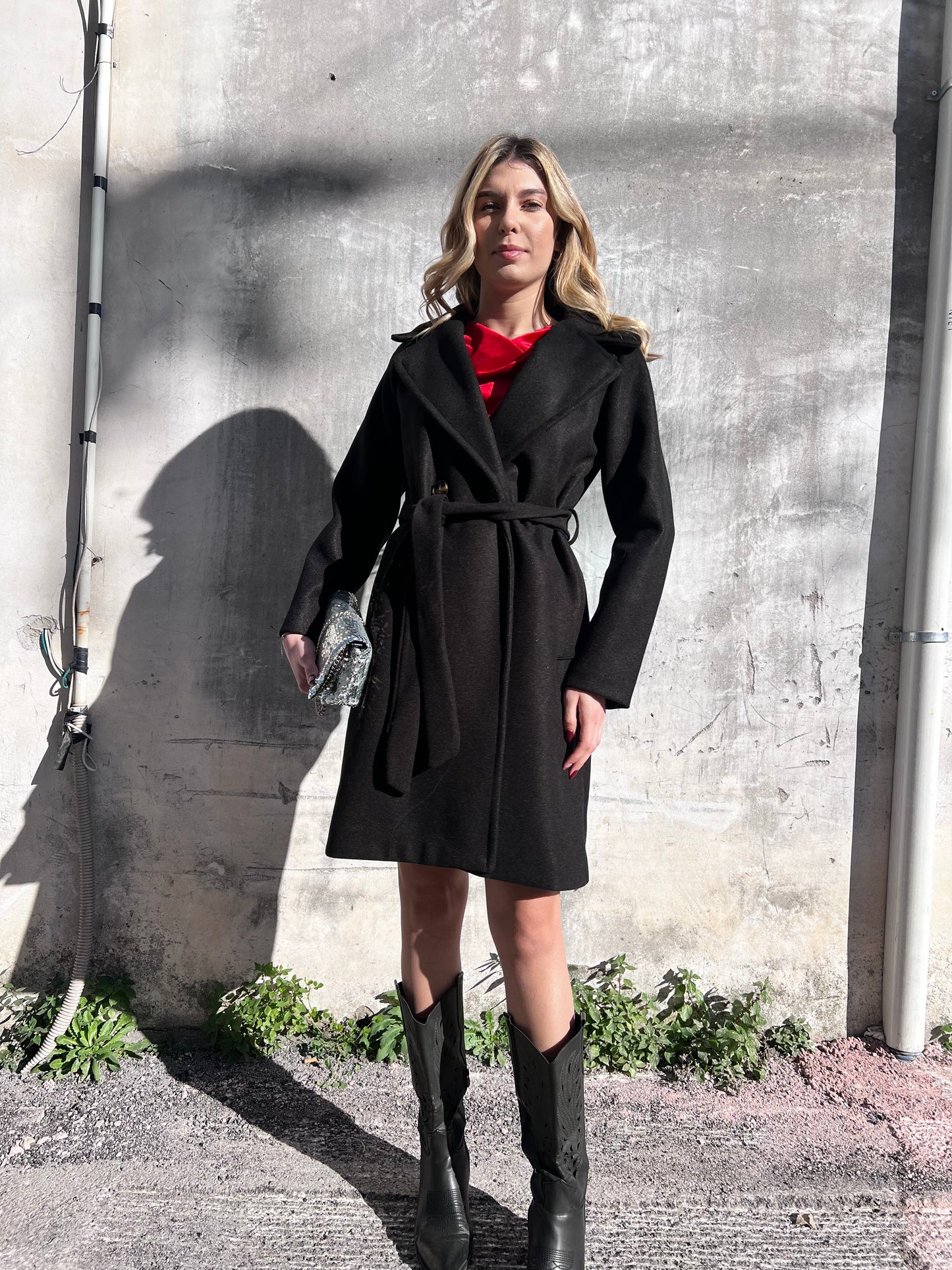 "Cappotto donna doppio petto elegante con cintura per Natale e inverno"