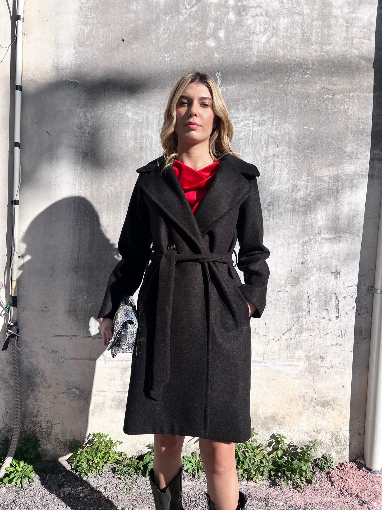 "Cappotto donna doppio petto collo revers lunghezza 3/4 tessuto panno"