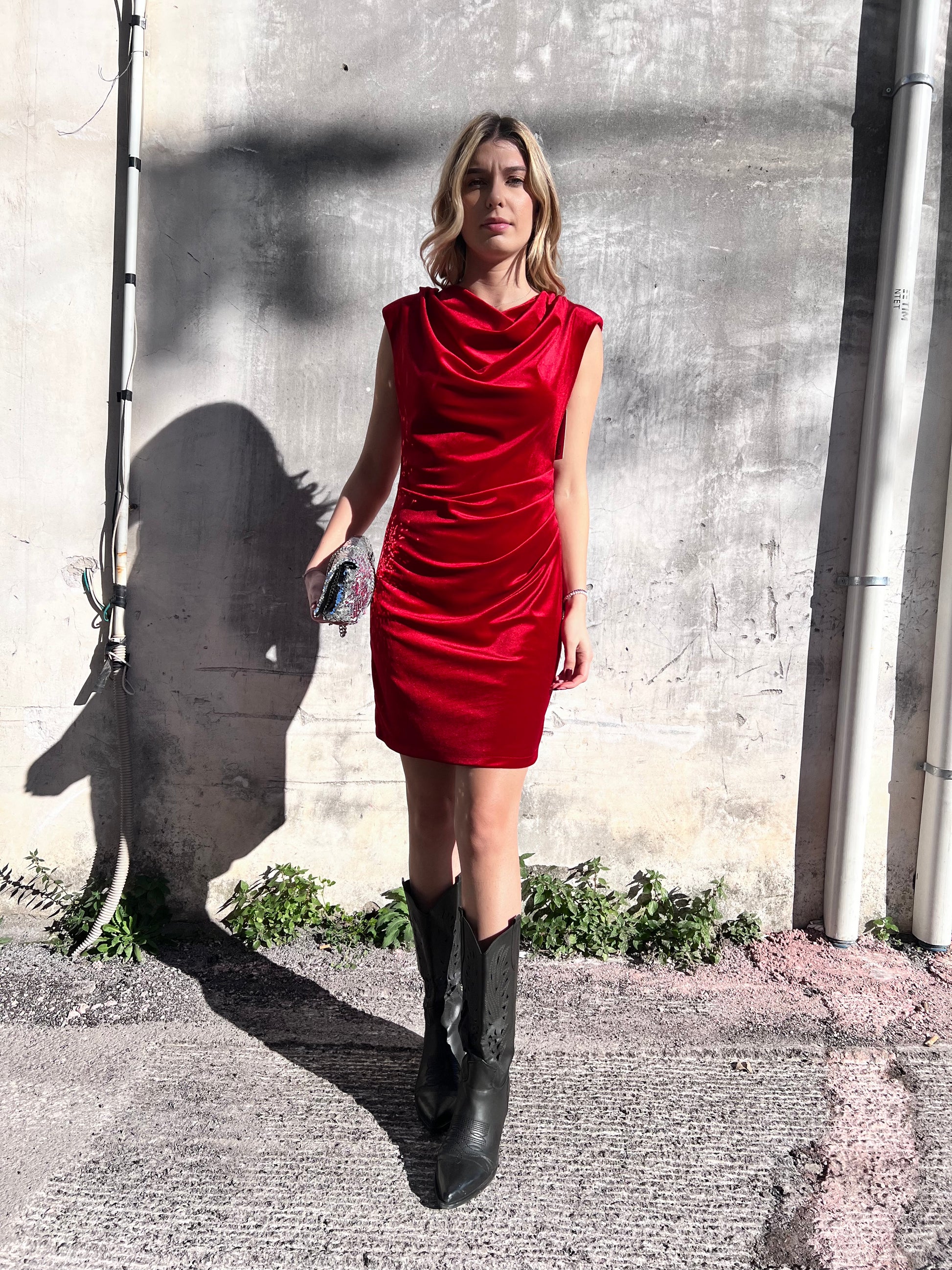 "Abito tubino donna velluto elegante con drappeggi per Natale Made in Italy"