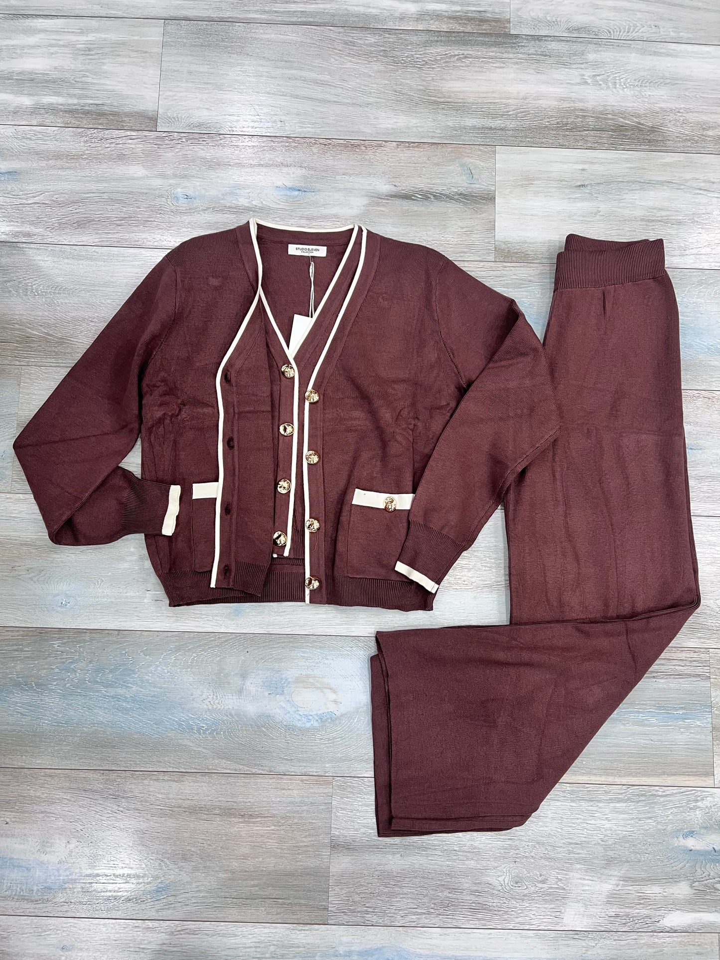 Completo 3 pezzi donna marrone- set coordinato invernale gilet cardigan pantalone
