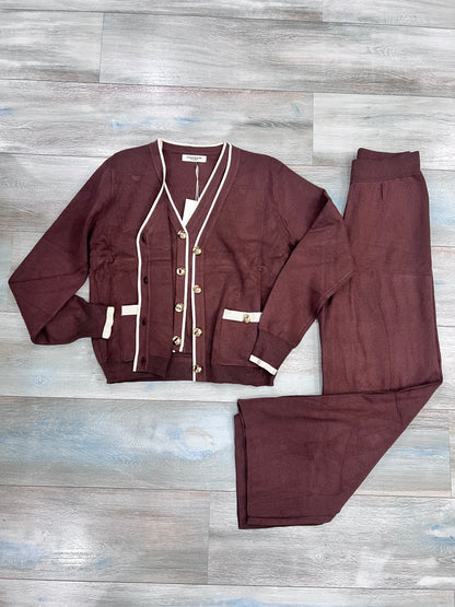 Completo 3 pezzi donna marrone- set coordinato invernale gilet cardigan pantalone
