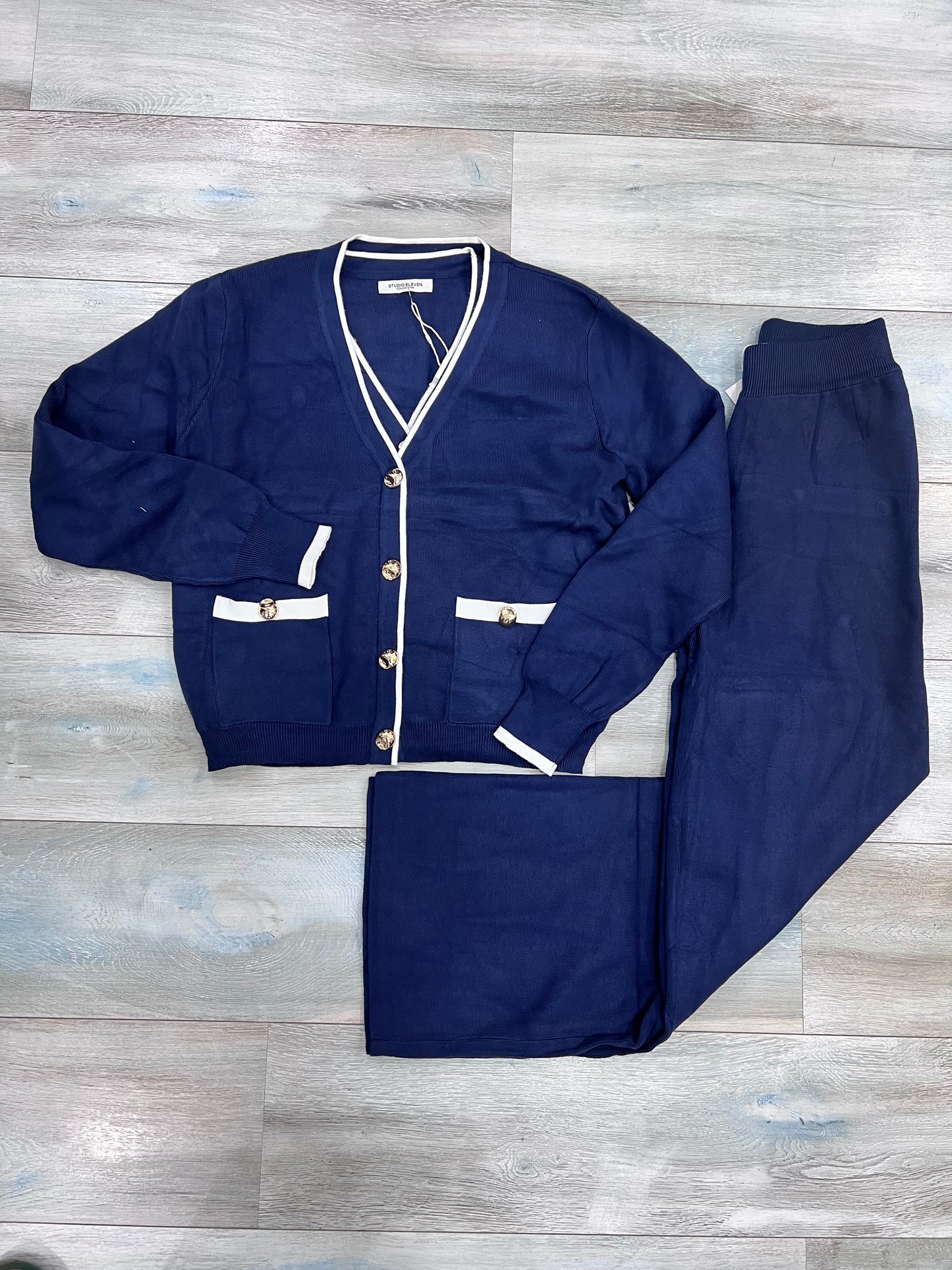 Set donna a coste in blu- completo 3 pezzi gilet cardigan pantalone inverno
