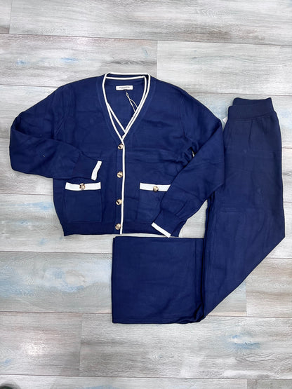 Set donna a coste in blu- completo 3 pezzi gilet cardigan pantalone inverno
