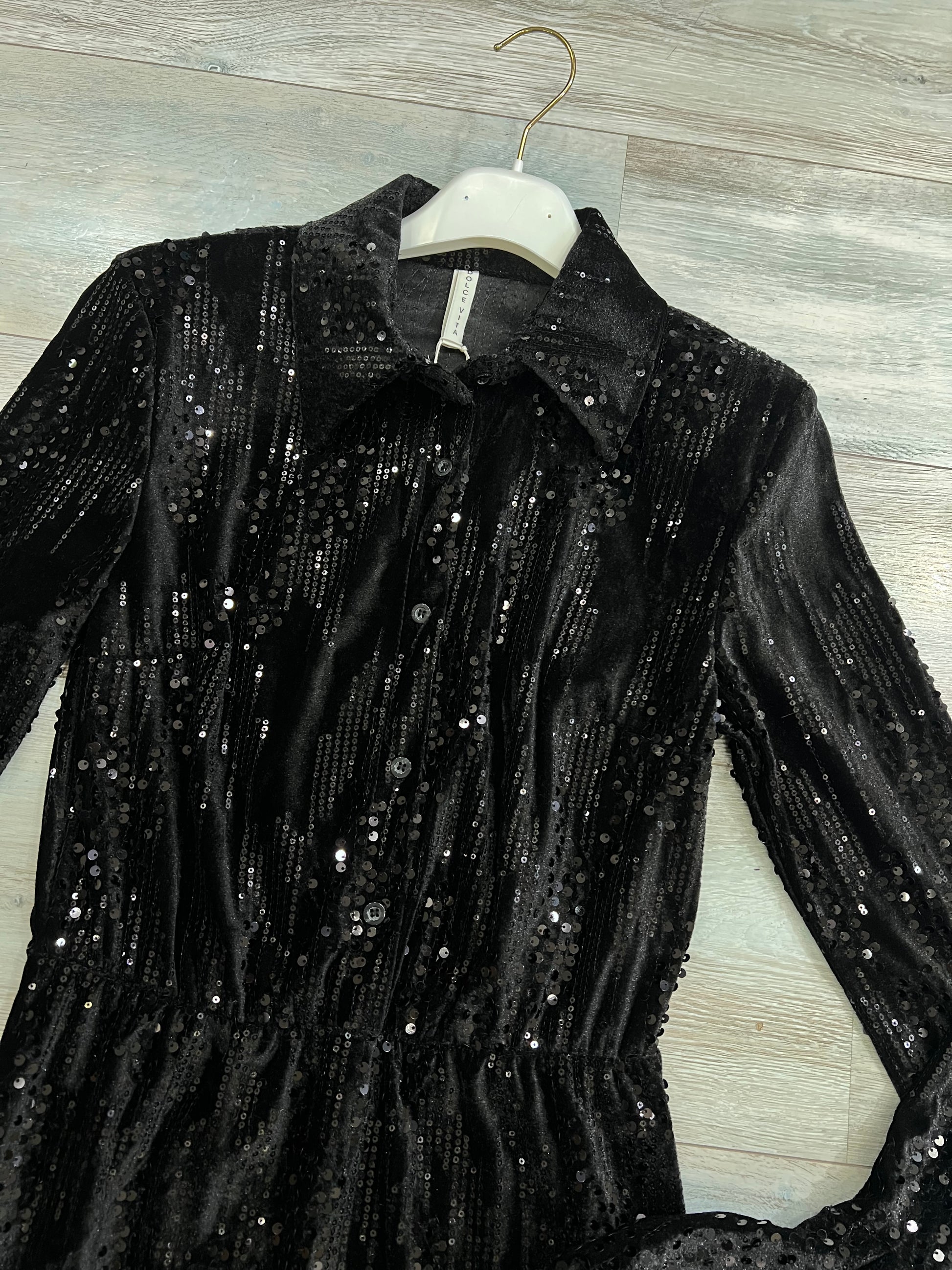 Abito paillettes maniche voilà - Dettaglio tessuto velluto