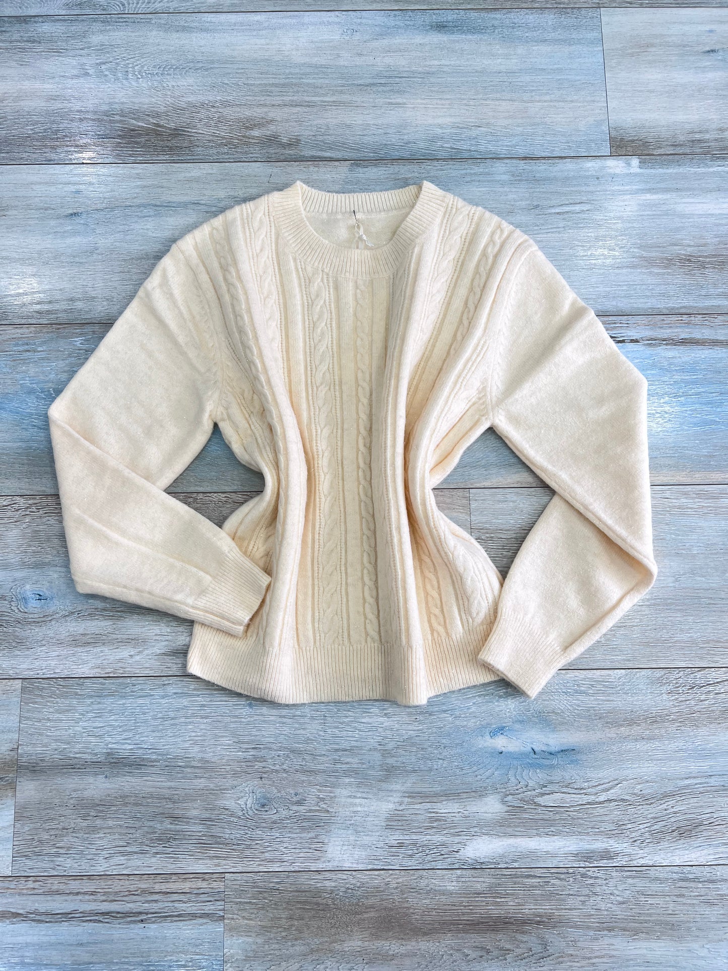 Maglione donna girocollo con trecce e brillantini color burro - vista frontale
