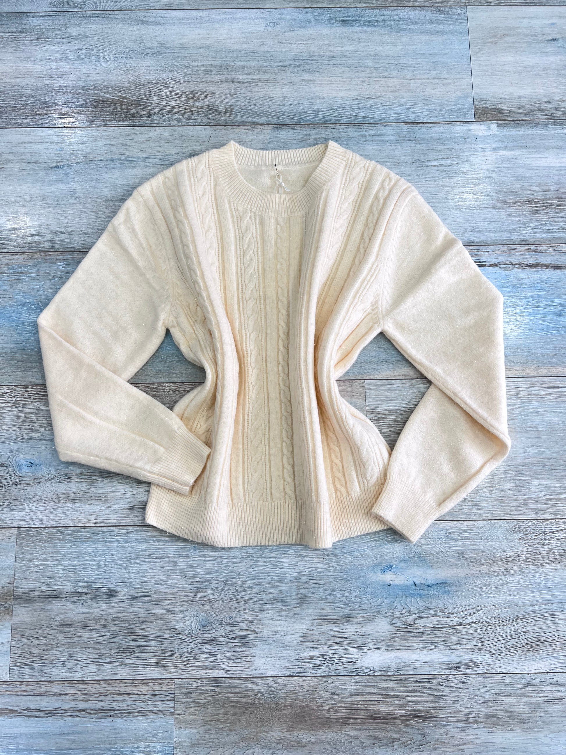 Maglione donna girocollo con trecce e brillantini color burro - vista frontale
