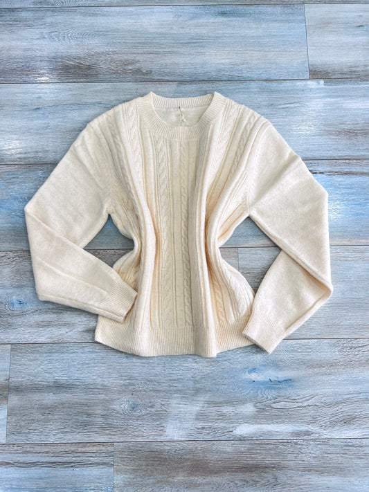 Maglione donna girocollo con trecce e brillantini color burro - vista frontale
