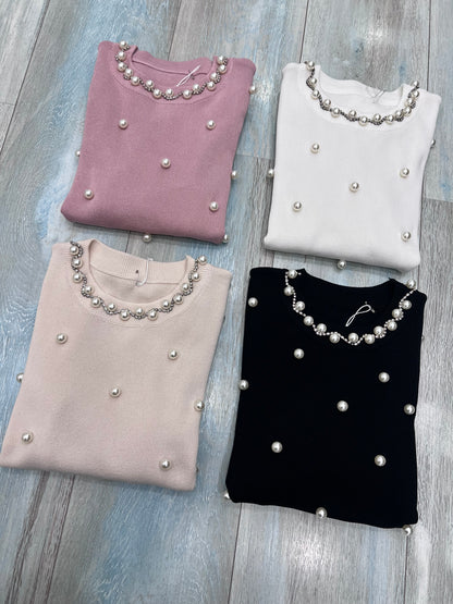 Maglia Donna Viscosa con Perle - Elegante Manica Lunga 4 Colori