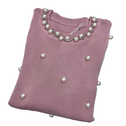 Maglia Donna Viscosa con Perle - Elegante Manica Lunga 4 Colori