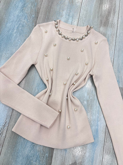 Maglia Donna Viscosa con Perle - Elegante Manica Lunga 4 Colori