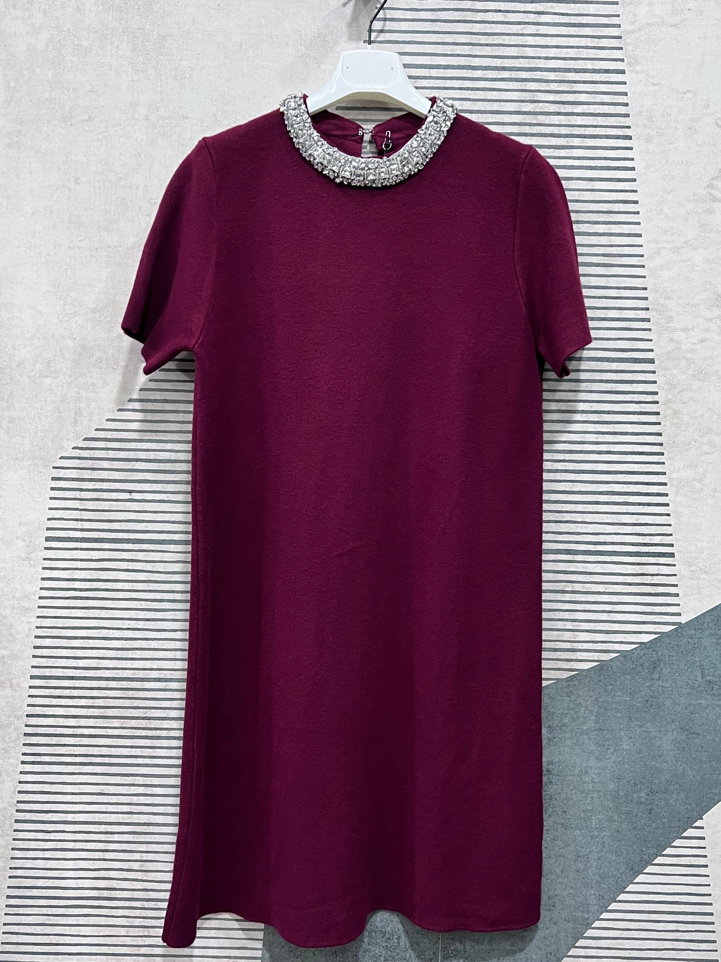 Abito Donna Elegante in Lanetta con Collo Brillantini - Panna e Nero - Taglia Unica