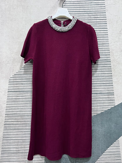 Abito Donna Elegante in Lanetta con Collo Brillantini - Panna e Nero - Taglia Unica