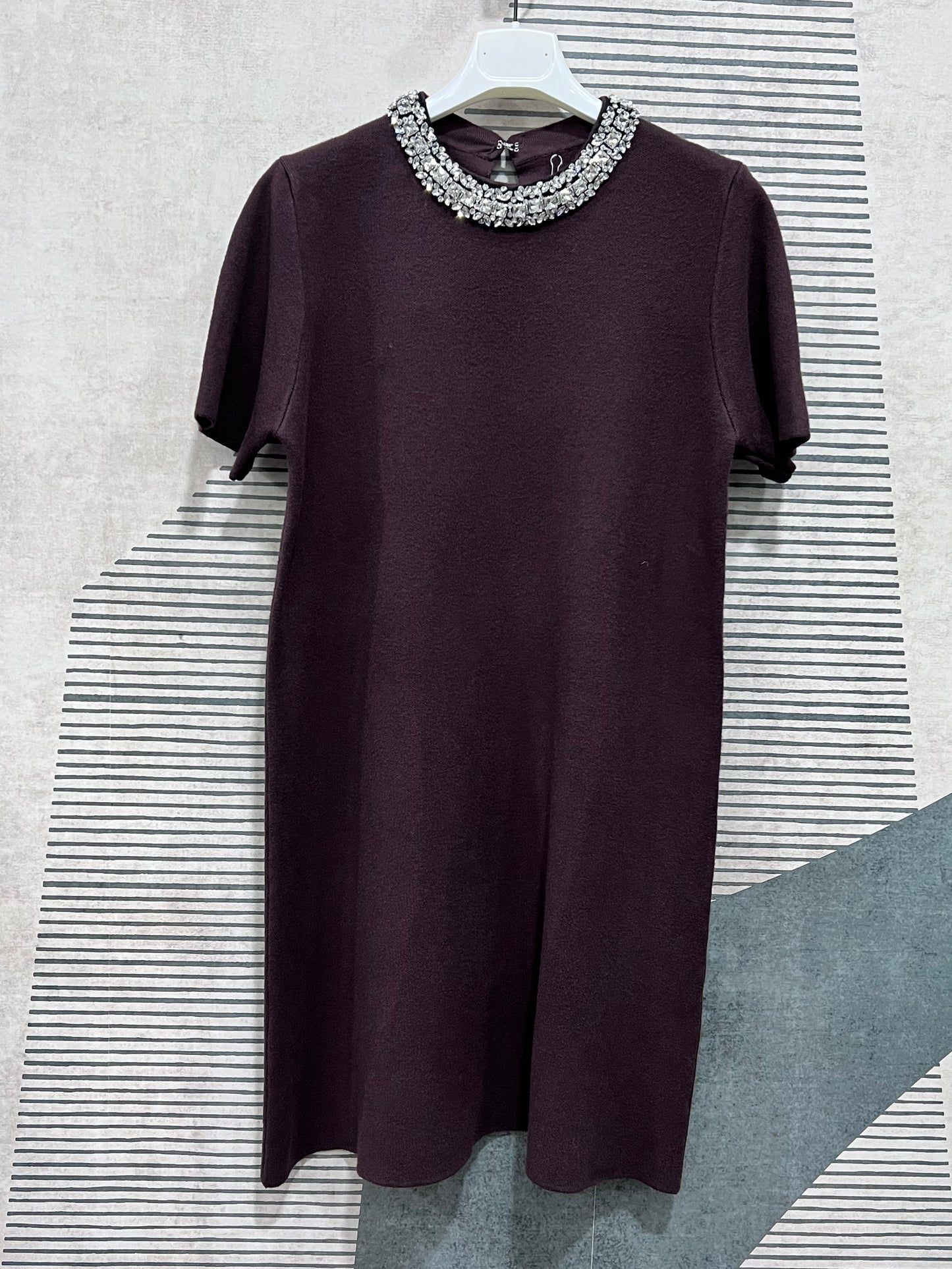 Abito Donna Elegante in Lanetta con Collo Brillantini - Panna e Nero - Taglia Unica