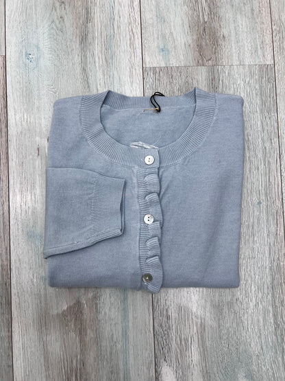 Cardigan elegante donna manica lunga con rouge decorativo - dettaglio texture lanetta colore celeste
