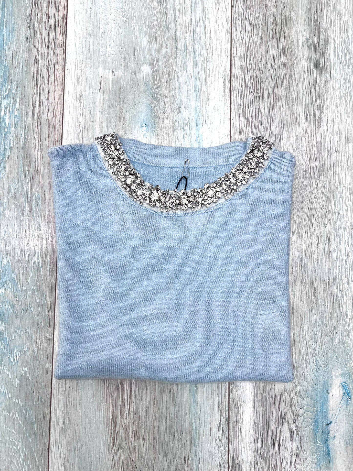 Maglia donna lanetta mezza manica - Colore celeste elegante per feste natalizie
