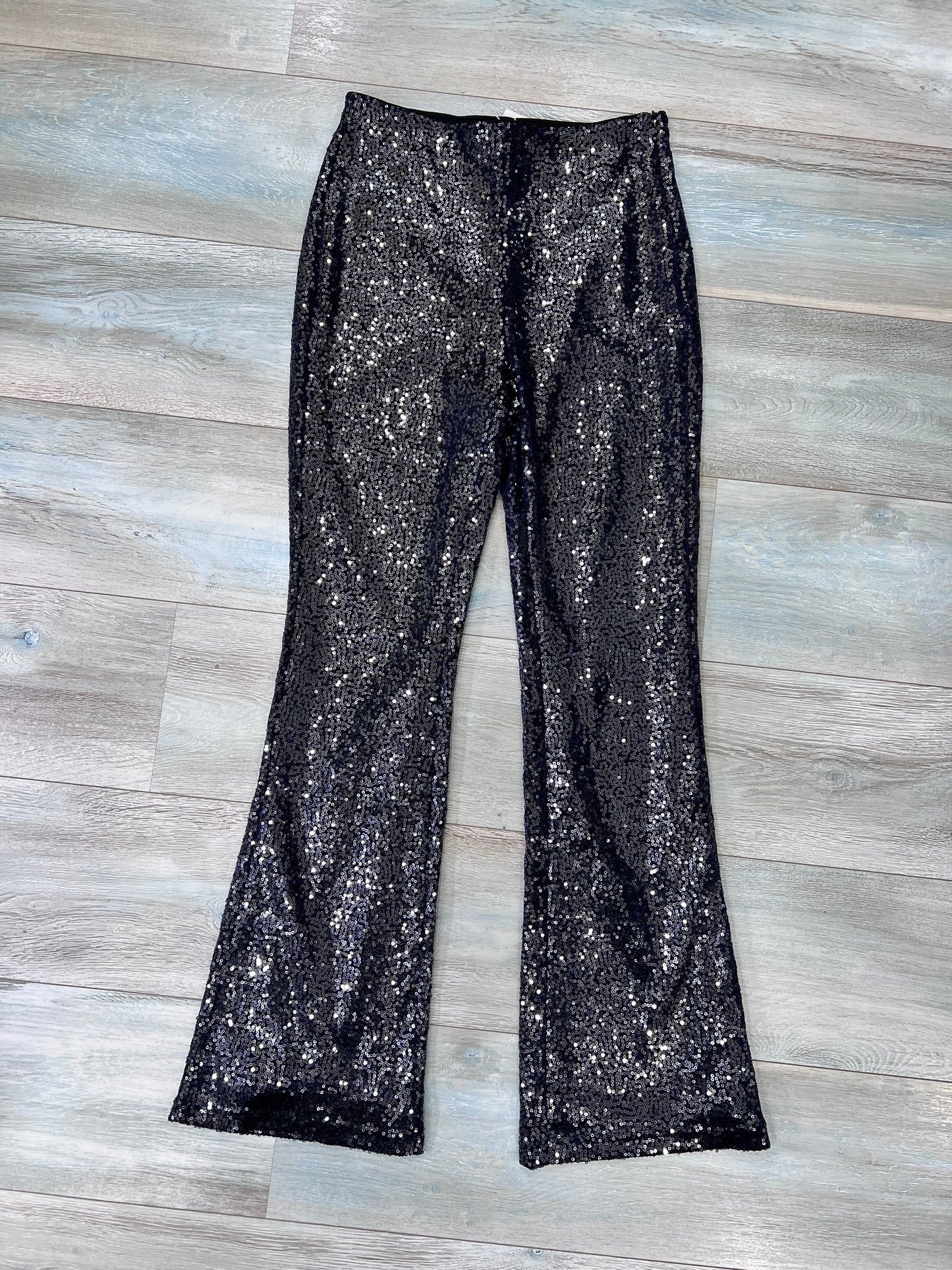 Pantalone a zampa alta vita blu notte con paillettes - coordinato festa donna
