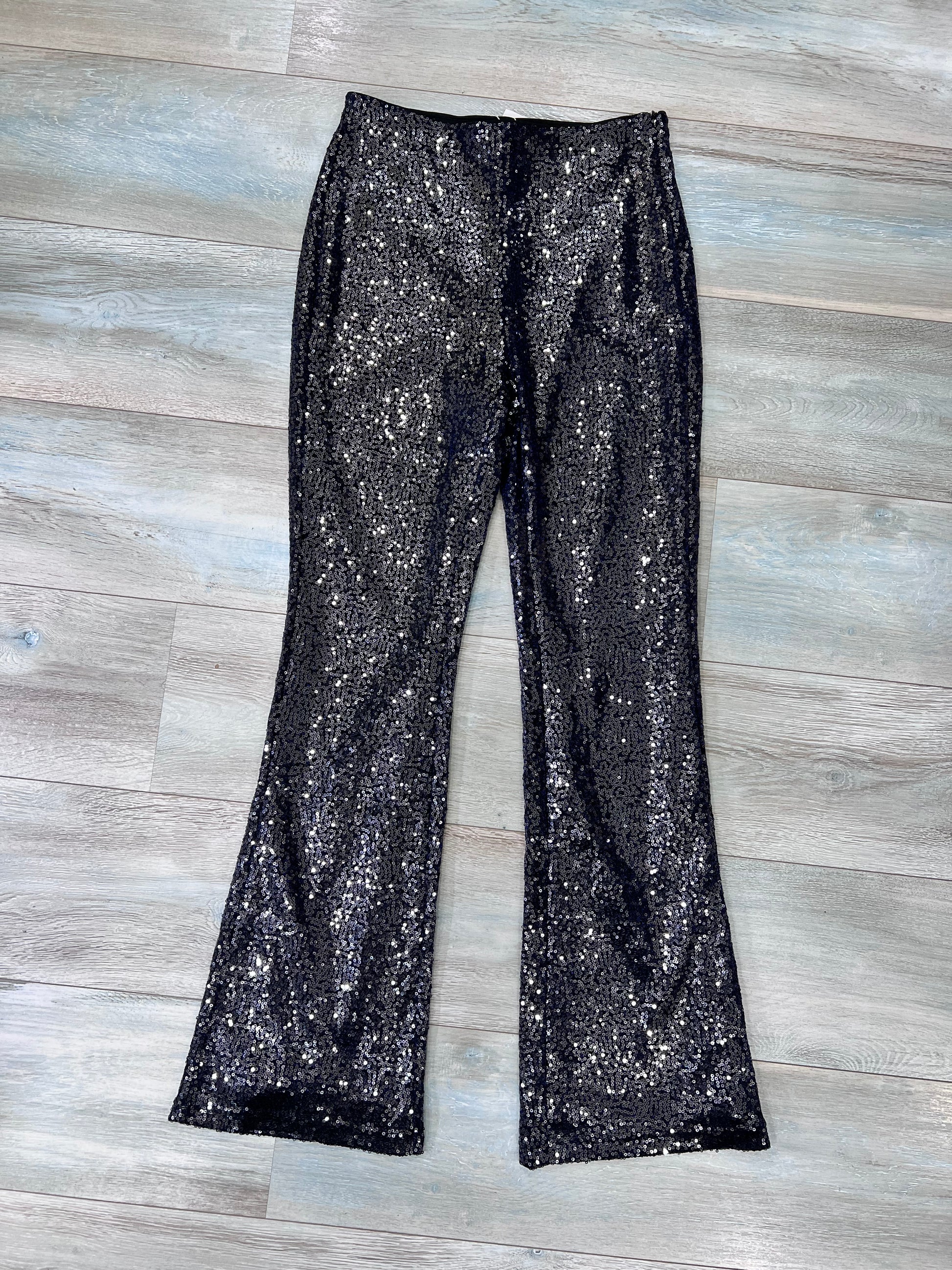 Pantalone a zampa alta vita blu notte con paillettes - coordinato festa donna
