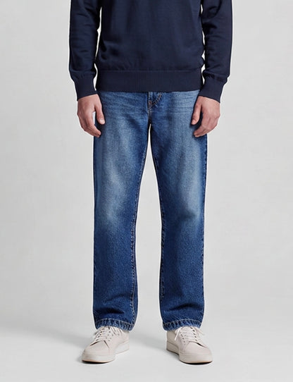 Jeans uomo gamba larga wide leg sabbiato - vista frontale dettaglio vestibilità