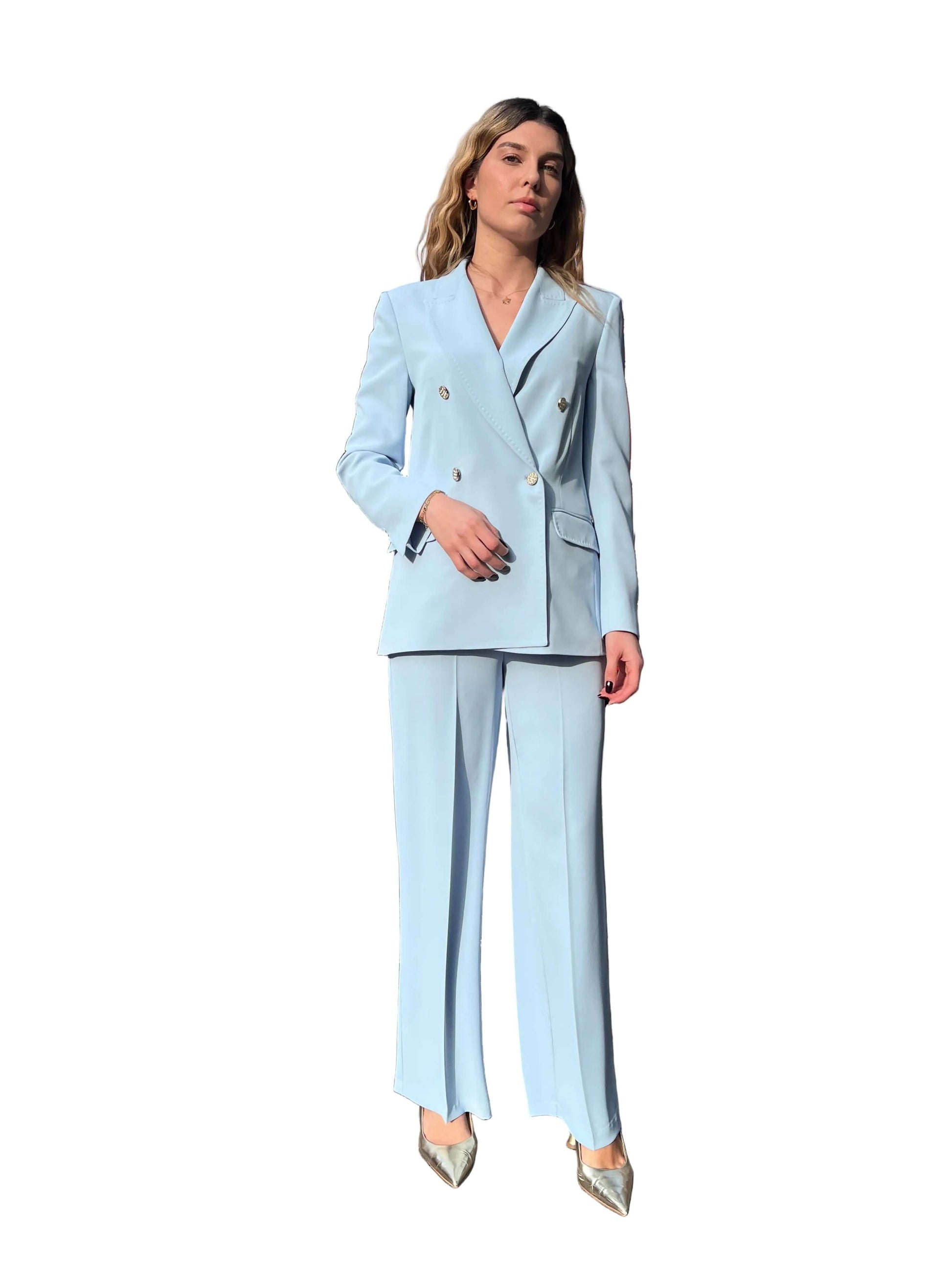 Tailleur donna Gadì 576 polvere - blazer doppio petto e pantalone palazzo made in Italy Erica Bellucci
