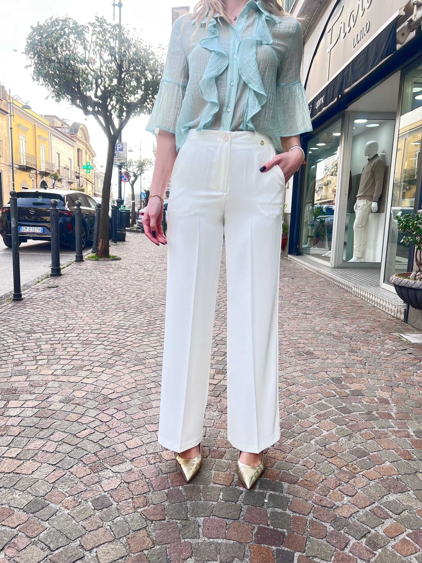 Pantalone palazzo vita alta tailleur donna Gadì bianco brillante - bottone gioiello elegante donna cerimonia