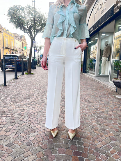 Pantalone palazzo vita alta tailleur donna Gadì bianco brillante - bottone gioiello elegante donna cerimonia