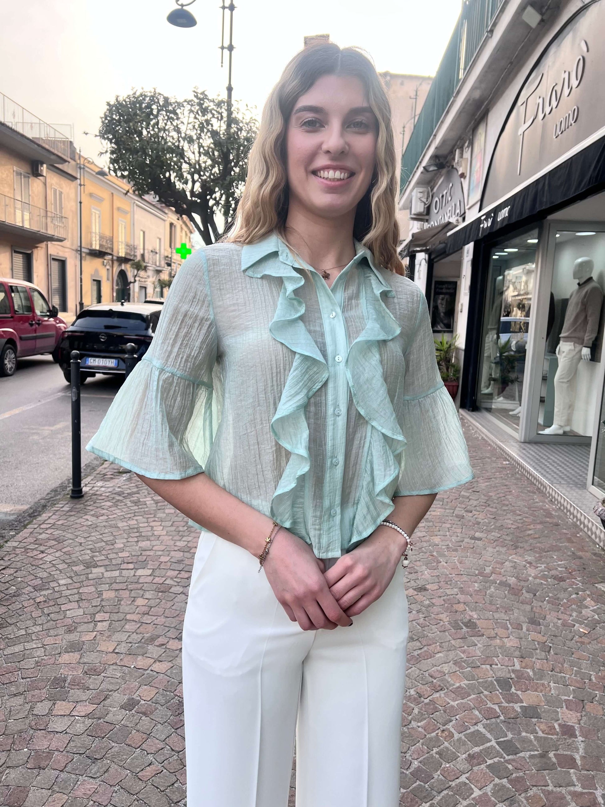 Camicia donna 103 Erica Bellucci manica 3/4 con voilà, colore verde Tiffany – Frarò
