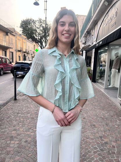 Camicia donna 103 Erica Bellucci manica 3/4 con voilà, colore verde Tiffany – Frarò
