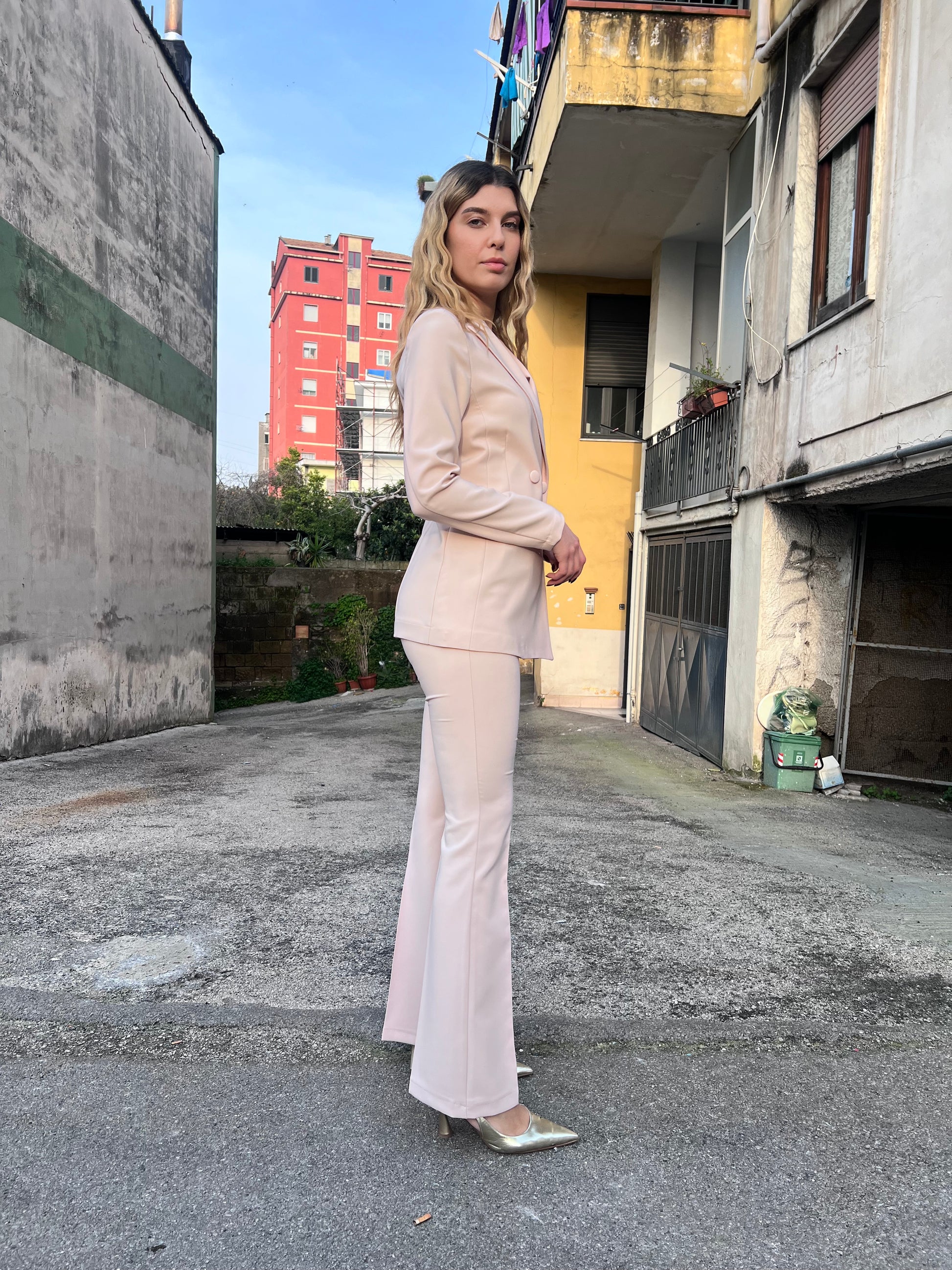 Pantalone a zampa vita alta tailleur donna 580 cipria - vestibilità slim elegante donna