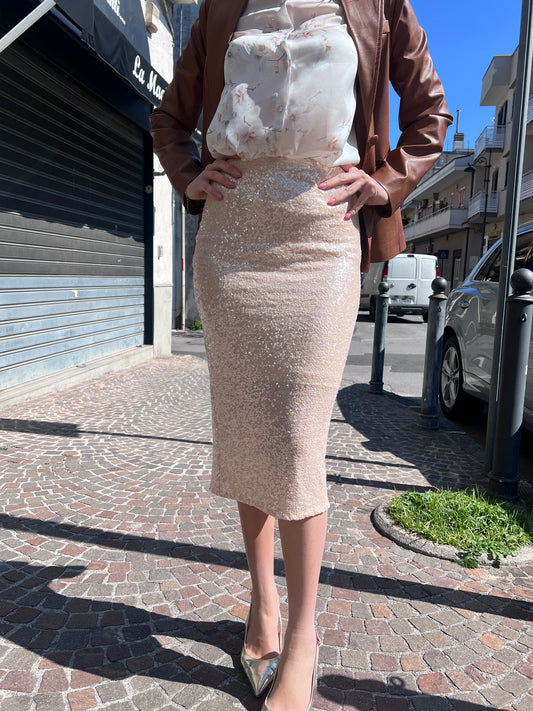 Gonna midi paillettes donna 362 rosa cipria – vita alta, tessuto elastico foderato, Luxury Collection Erica Bellucci SS26
