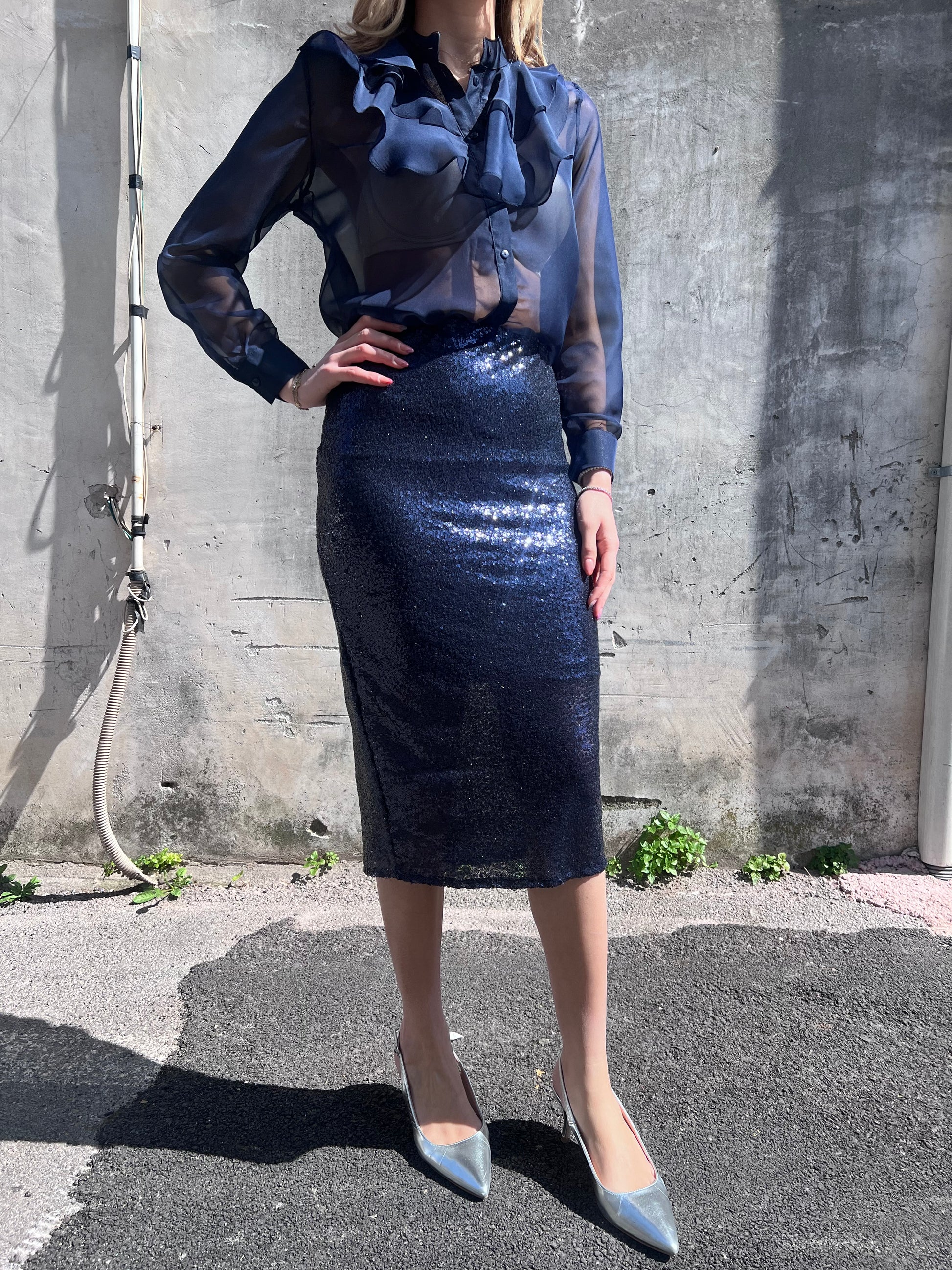 Gonna midi paillettes donna 362 bluett – vita alta, tessuto elastico foderato, Luxury Collection Erica Bellucci SS26

