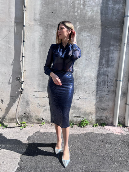 Gonna midi paillettes donna 362 bluett – vita alta, total look indossato, Luxury Collection Erica Bellucci SS26
