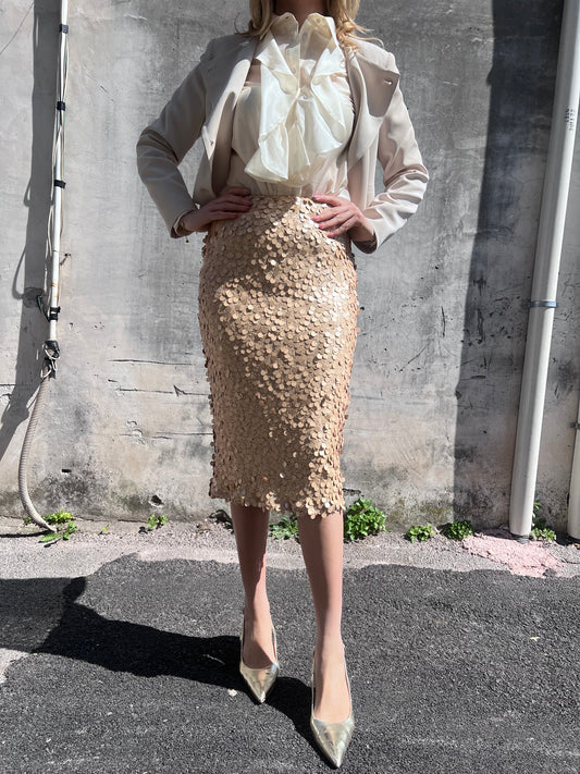 Gonna midi lustrini donna 361 oro – vista frontale, vita alta, tessuto elastico foderato, Luxury Collection Erica Bellucci SS26
