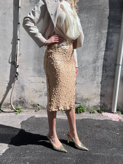Gonna midi lustrini donna 361 oro – vista laterale, silhouette vita alta lunghezza midi, Made in Italy
