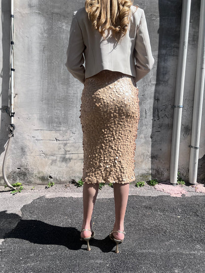 Gonna midi lustrini donna 361 oro– dettaglio lustrini dorati, vista posteriore, tessuto elastico luminoso Erica Bellucci