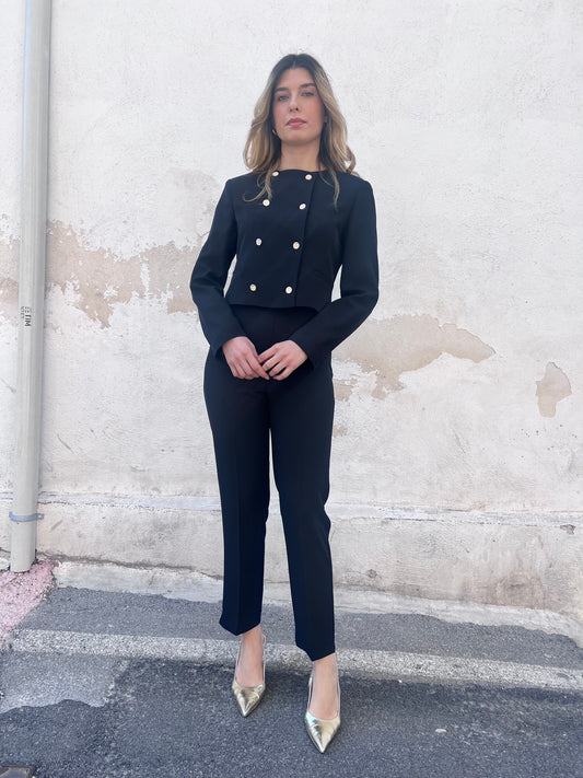 Tailleur donna Gadì 578 nero – look completo con giacca doppio petto e pantalone vita alta, Made in Italy Erica Bellucci