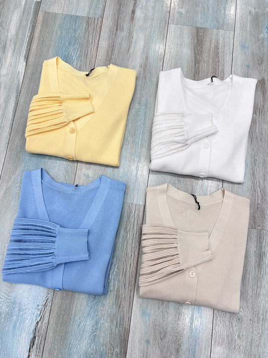Cardigan donna 806 – tutti e 5 i colori disponibili: celeste, bianco, giallo, beige e dark blu, scollo a V manica lunga velata

