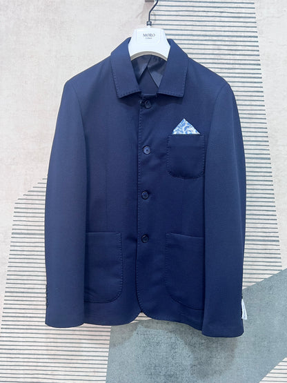 Giacca uomo 657 Moro – dettaglio texture tessuto piqué blu scuro – qualità sartoriale Made in Italy – Frarò
