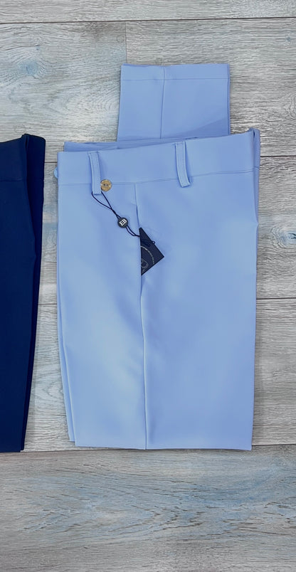 Pantalone capri donna vita alta colore celeste con tasche a filo – Made in Italy Erica Bellucci
