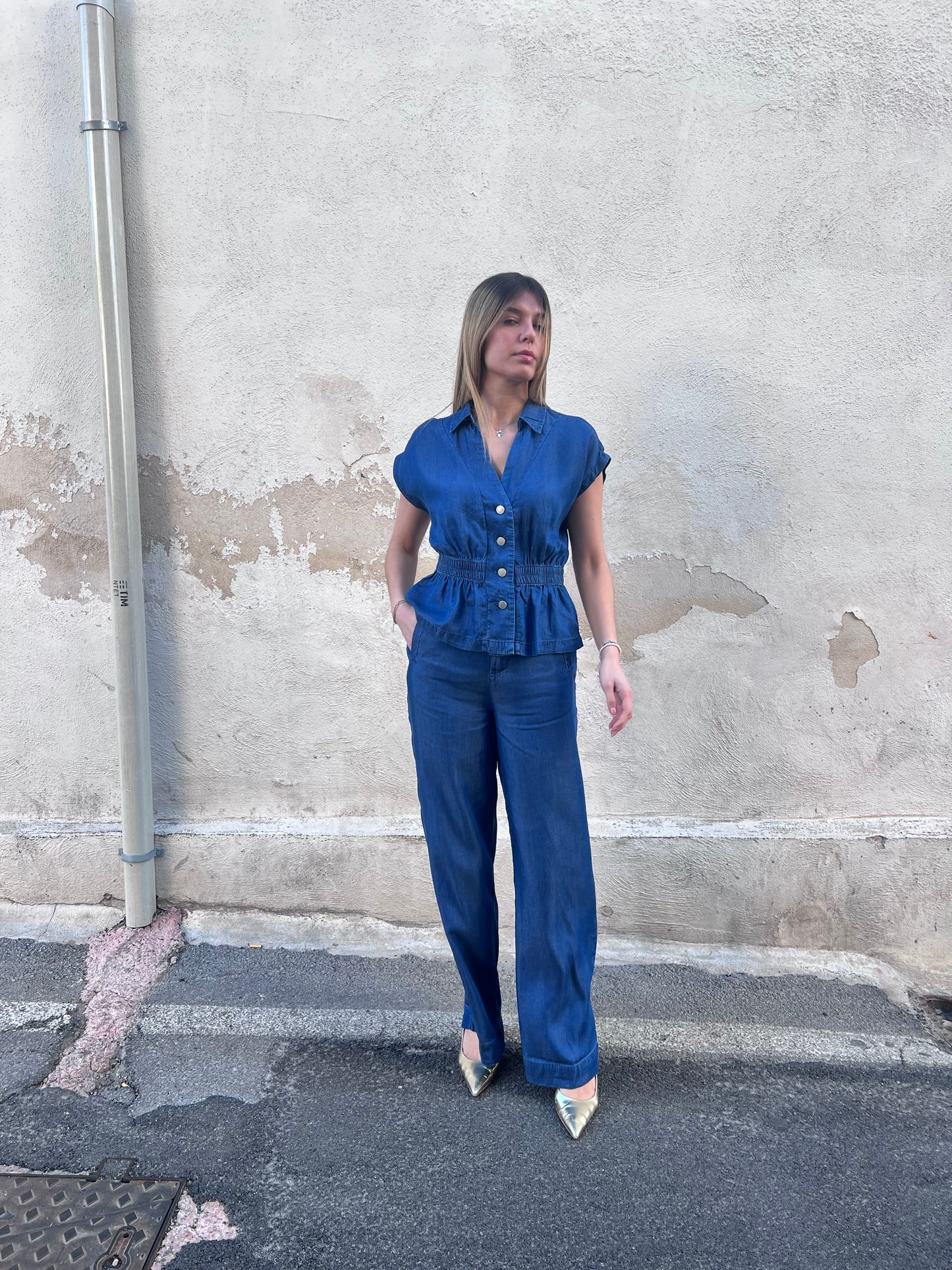 Coord set donna lence blu in LYOCELL – camicia mezza manica e pantalone vita alta | Tiffosi