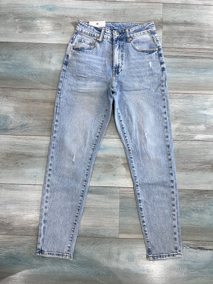 Jeans mom fit vita alta donna denim chiaro con rotture – Frarò Shop
